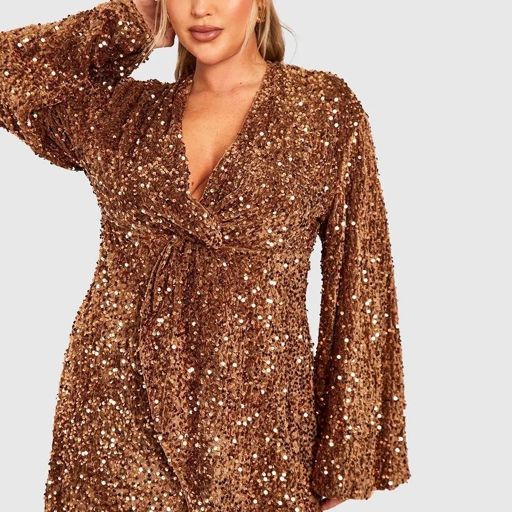 Plus Size Bronze Sequin Wrap Dress